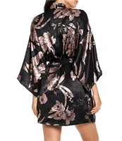 Midnight Bakery Textured Satin 3/4 Sleeve Metallic Floral Coordinating Short Robe