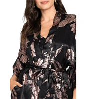 Midnight Bakery Textured Satin 3/4 Sleeve Metallic Floral Coordinating Short Robe