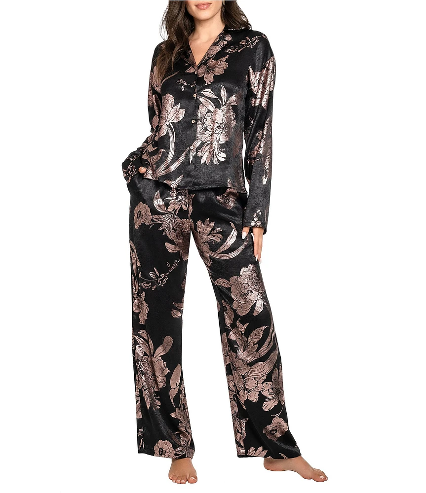 Midnight Bakery Textured Satin Long Sleeve Notch Collar Metallic Floral Pajama Set