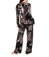 Midnight Bakery Textured Satin Long Sleeve Notch Collar Metallic Floral Pajama Set