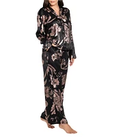 Midnight Bakery Textured Satin Long Sleeve Notch Collar Metallic Floral Pajama Set