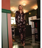 Midnight Bakery Textured Satin Long Sleeve Notch Collar Metallic Floral Pajama Set