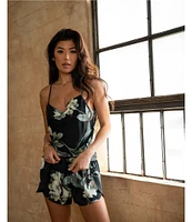 Midnight Bakery Tropical Floral Satin Cowl Neck Cami Shorty Pajama Set