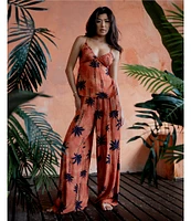 Midnight Bakery Woven Palm Tree Tropical Sleeveless V-Neck Cami & Pant Pajama Set