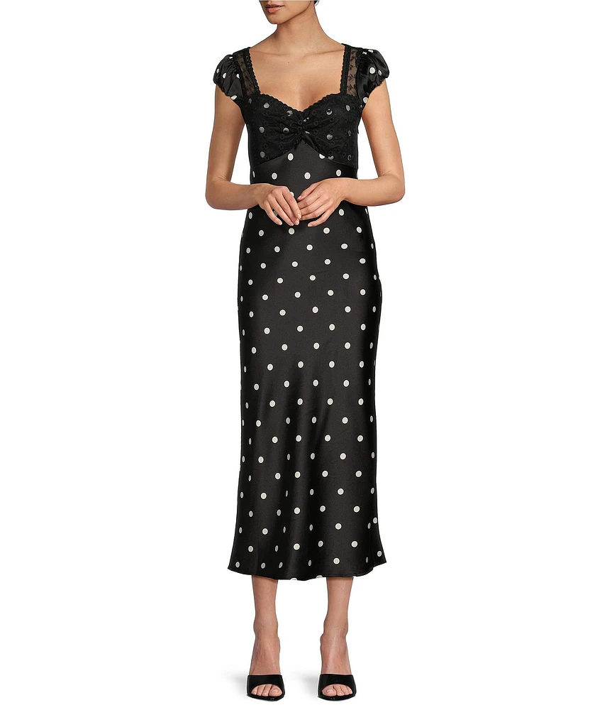 Midnight Doll Cap Lace Sleeve Satin Polka Dot Dress