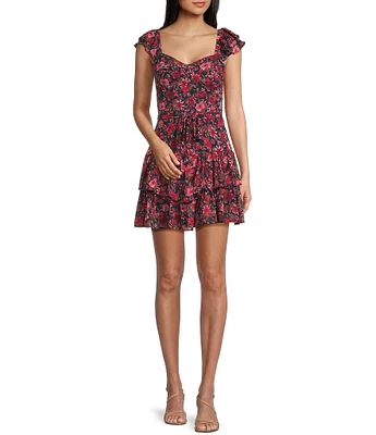Midnight Doll Chiffon Floral Print Flutter Sleeve Sweetheart Neck Drop Waist Dress