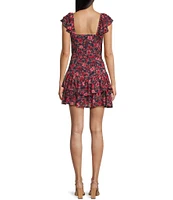 Midnight Doll Chiffon Floral Print Flutter Sleeve Sweetheart Neck Drop Waist Dress