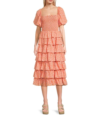 Midnight Doll Ditsy Floral Print Puff Sleeve Smocked Bodice Tiered Ruffle Midi Dress