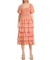 Midnight Doll Ditsy Floral Print Puff Sleeve Smocked Bodice Tiered Ruffle Midi Dress