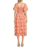 Midnight Doll Ditsy Floral Print Puff Sleeve Smocked Bodice Tiered Ruffle Midi Dress