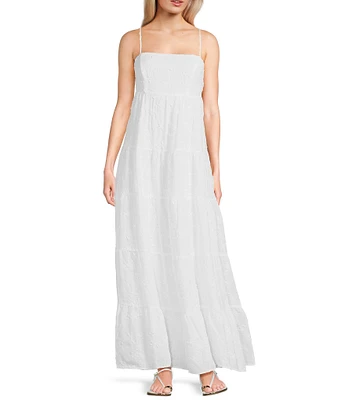 Midnight Doll Embroidered Spaghetti Strap Square Neck Bow Back Tiered Dress