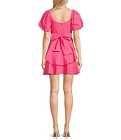 Midnight Doll Eyelet Puff Short Sleeve Tie Back Tiered Mini Dress