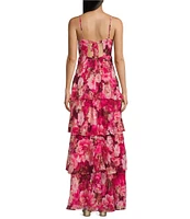 Midnight Doll Floral Chiffon V-Neck Tiered Side Slit Dress