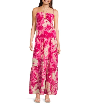 Midnight Doll Floral Print Keyhole Halter Neck Maxi Dress