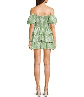 Midnight Doll Floral Print Off The Shoulder Smocked Bodice Puff Sleeve Tiered A-Line Dress