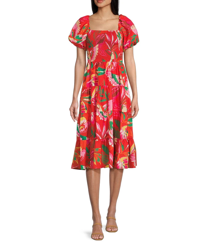 Midnight Doll Floral Print Puff Sleeve Smocked Bodice Midi Dress