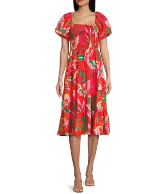 Midnight Doll Floral Print Puff Sleeve Smocked Bodice Midi Dress