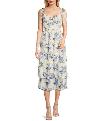 Midnight Doll Floral Print Tie Shoulder V-Neck Pleated Tiered Midi Dress