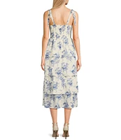 Midnight Doll Floral Print Tie Shoulder V-Neck Pleated Tiered Midi Dress