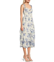Midnight Doll Floral Print Tie Shoulder V-Neck Pleated Tiered Midi Dress