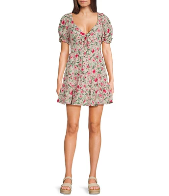 Midnight Doll Floral Print V-Neck Short Puff Sleeve Tiered Dress