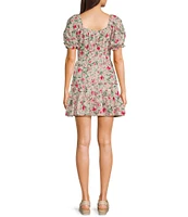 Midnight Doll Floral Print V-Neck Short Puff Sleeve Tiered Dress