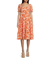 Midnight Doll Floral Printed Square Neck Short Puff Sleeve Bow Back Tiered Midi Dress