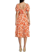 Midnight Doll Floral Printed Square Neck Short Puff Sleeve Bow Back Tiered Midi Dress