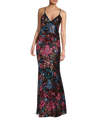 Midnight Doll Floral Sequin V-Neck Lace-Up Back Long Dress