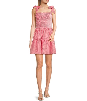 Midnight Doll Gingham Square Neck Tie Shoulder Smocked Bodice Mini Dress