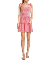 Midnight Doll Gingham Square Neck Tie Shoulder Smocked Bodice Mini Dress