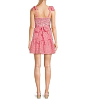 Midnight Doll Gingham Square Neck Tie Shoulder Smocked Bodice Mini Dress