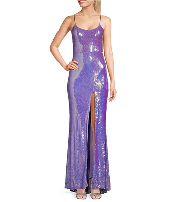 Midnight Doll Iridescent Sequin Scoop Neck Side Slit Long Dress