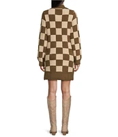 Midnight Doll Long Sleeve Checkerboard Sweater Dress