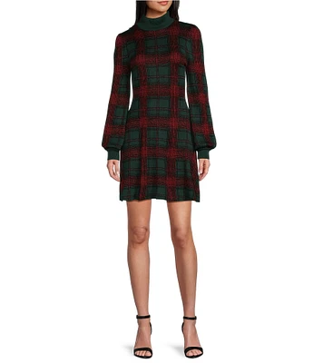 Midnight Doll Long Sleeve High Neck Plaid Sweater Dress