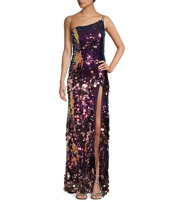 Midnight Doll Ombre Paillette Sequin One-Shoulder Front Slit Long Dress