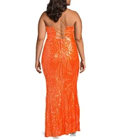 Midnight Doll Plus Size Patterned Sequin Spaghetti Strap V-Neck Lace-Up Back Dress