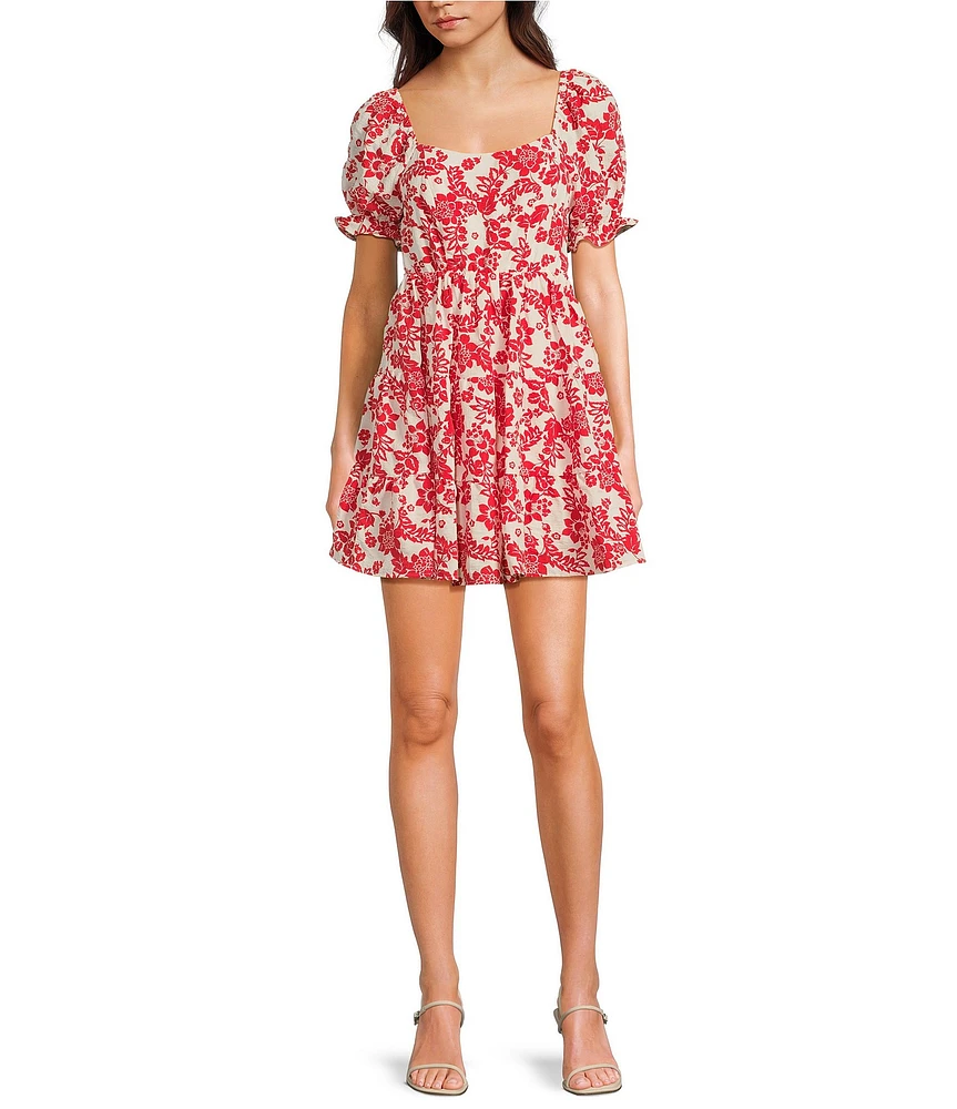Midnight Doll Printed Bubble Textured Puff Sleeve Tie Back Dress