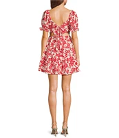 Midnight Doll Printed Bubble Textured Puff Sleeve Tie Back Dress