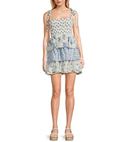 Midnight Doll Printed Tie Strap Smocked Bodice Tiered Mini Dress