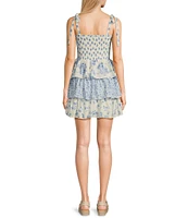 Midnight Doll Printed Tie Strap Smocked Bodice Tiered Mini Dress