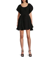 Midnight Doll Puff Short Sleeve Waist Tie Flowy Dress