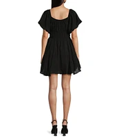 Midnight Doll Puff Short Sleeve Waist Tie Flowy Dress