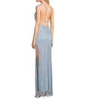 Midnight Doll Rhinestone Netting V-Neck Open Back Long Dress