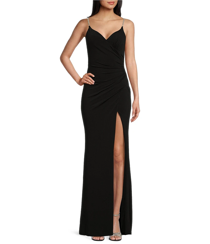 Midnight Doll Rhinestone Strap Front Slit Wrap Long Dress