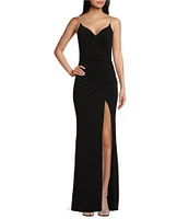 Midnight Doll Rhinestone Strap Front Slit Wrap Long Dress