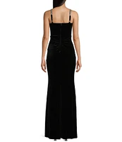 Midnight Doll Rhinestone Straps Stretch Velvet Bow Detail Long Dress