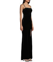 Midnight Doll Rhinestone Straps Stretch Velvet Bow Detail Long Dress