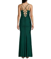 Midnight Doll Satin Rhinestone Strap Detail Lace-Up Back Long Dress