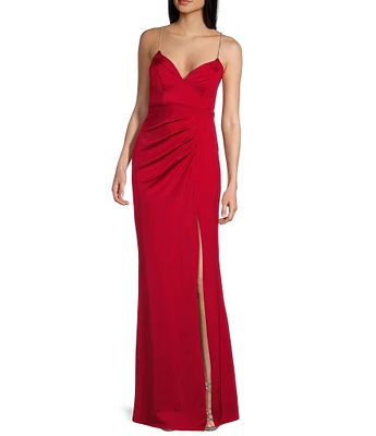 Midnight Doll Satin V-Neck Rhinestone Tie Back Long Dress